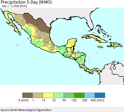 Mexico Central America and the Caribbean Precipitation 5-Day (WMO) Thematic Map For 9/1/2023 - 9/5/2023