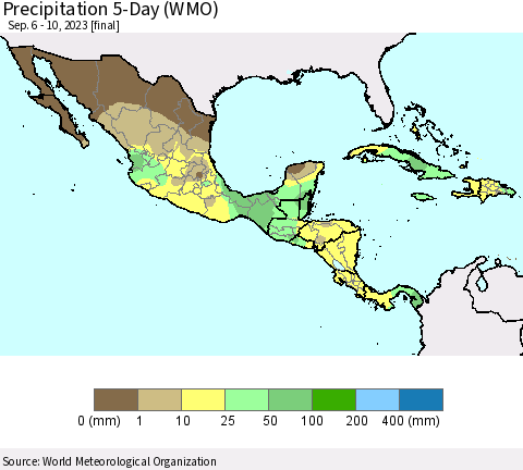 Mexico Central America and the Caribbean Precipitation 5-Day (WMO) Thematic Map For 9/6/2023 - 9/10/2023