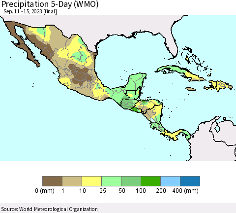 Mexico Central America and the Caribbean Precipitation 5-Day (WMO) Thematic Map For 9/11/2023 - 9/15/2023