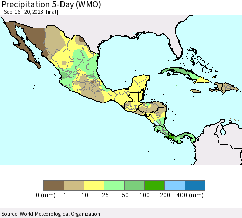 Mexico Central America and the Caribbean Precipitation 5-Day (WMO) Thematic Map For 9/16/2023 - 9/20/2023