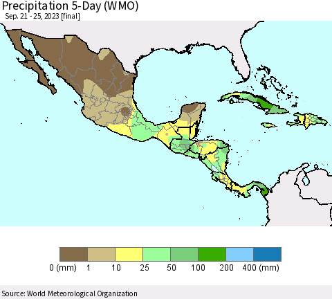 Mexico Central America and the Caribbean Precipitation 5-Day (WMO) Thematic Map For 9/21/2023 - 9/25/2023