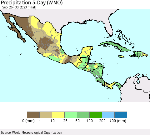 Mexico Central America and the Caribbean Precipitation 5-Day (WMO) Thematic Map For 9/26/2023 - 9/30/2023