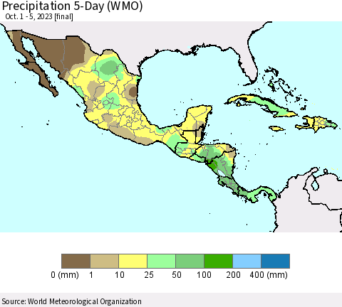 Mexico Central America and the Caribbean Precipitation 5-Day (WMO) Thematic Map For 10/1/2023 - 10/5/2023