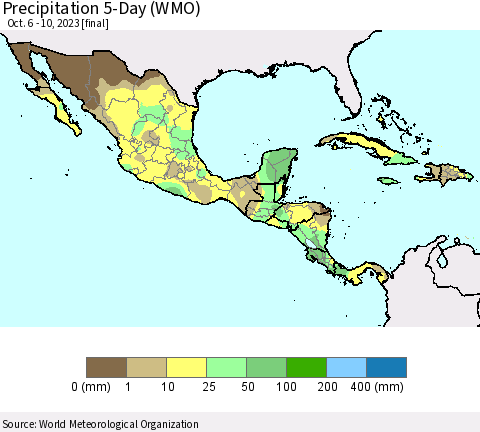 Mexico Central America and the Caribbean Precipitation 5-Day (WMO) Thematic Map For 10/6/2023 - 10/10/2023