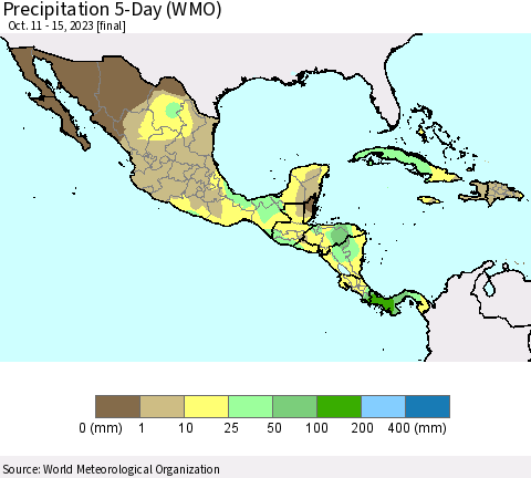 Mexico Central America and the Caribbean Precipitation 5-Day (WMO) Thematic Map For 10/11/2023 - 10/15/2023