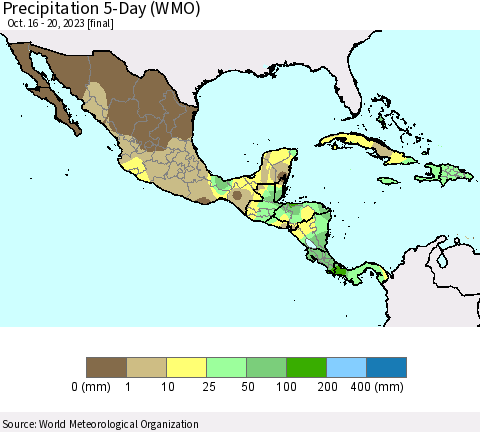 Mexico Central America and the Caribbean Precipitation 5-Day (WMO) Thematic Map For 10/16/2023 - 10/20/2023