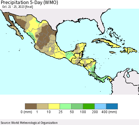 Mexico Central America and the Caribbean Precipitation 5-Day (WMO) Thematic Map For 10/21/2023 - 10/25/2023