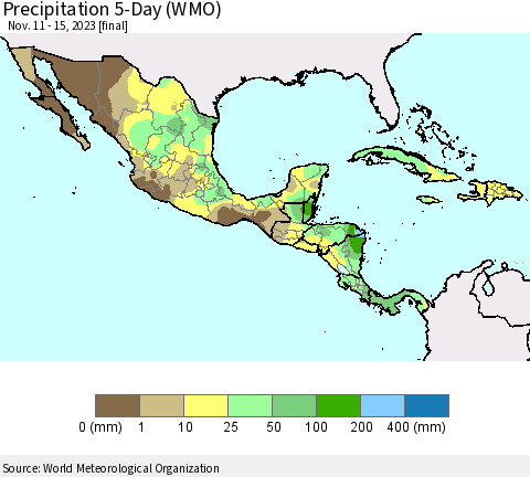 Mexico Central America and the Caribbean Precipitation 5-Day (WMO) Thematic Map For 11/11/2023 - 11/15/2023