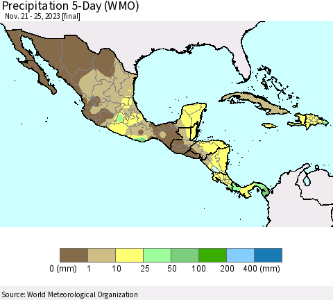 Mexico Central America and the Caribbean Precipitation 5-Day (WMO) Thematic Map For 11/21/2023 - 11/25/2023