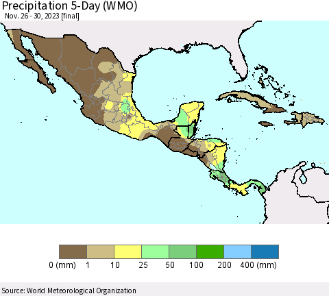 Mexico Central America and the Caribbean Precipitation 5-Day (WMO) Thematic Map For 11/26/2023 - 11/30/2023