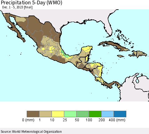 Mexico Central America and the Caribbean Precipitation 5-Day (WMO) Thematic Map For 12/1/2023 - 12/5/2023