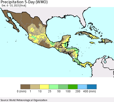 Mexico Central America and the Caribbean Precipitation 5-Day (WMO) Thematic Map For 12/6/2023 - 12/10/2023