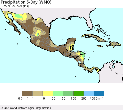 Mexico Central America and the Caribbean Precipitation 5-Day (WMO) Thematic Map For 12/21/2023 - 12/25/2023