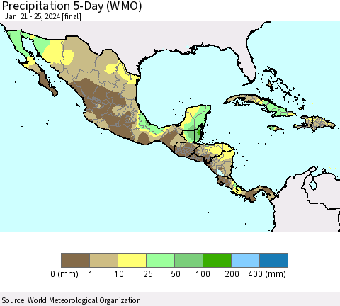 Mexico Central America and the Caribbean Precipitation 5-Day (WMO) Thematic Map For 1/21/2024 - 1/25/2024