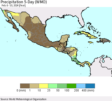 Mexico Central America and the Caribbean Precipitation 5-Day (WMO) Thematic Map For 2/6/2024 - 2/10/2024