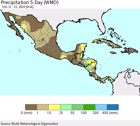 Mexico Central America and the Caribbean Precipitation 5-Day (WMO) Thematic Map For 2/11/2024 - 2/15/2024