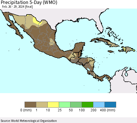 Mexico Central America and the Caribbean Precipitation 5-Day (WMO) Thematic Map For 2/26/2024 - 2/29/2024