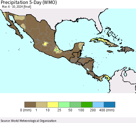 Mexico Central America and the Caribbean Precipitation 5-Day (WMO) Thematic Map For 3/6/2024 - 3/10/2024