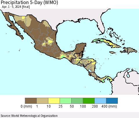 Mexico Central America and the Caribbean Precipitation 5-Day (WMO) Thematic Map For 4/1/2024 - 4/5/2024