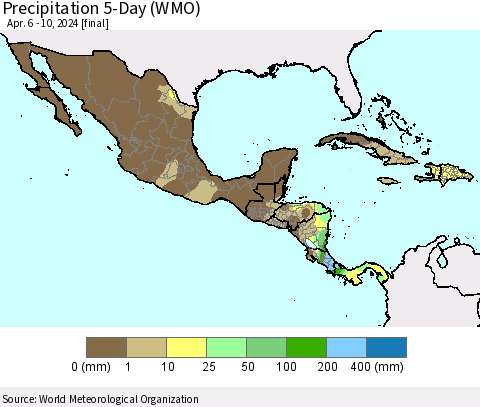 Mexico Central America and the Caribbean Precipitation 5-Day (WMO) Thematic Map For 4/6/2024 - 4/10/2024
