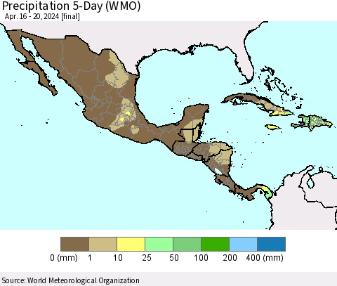 Mexico Central America and the Caribbean Precipitation 5-Day (WMO) Thematic Map For 4/16/2024 - 4/20/2024