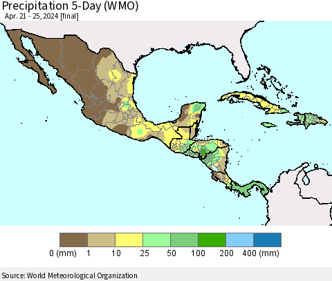 Mexico Central America and the Caribbean Precipitation 5-Day (WMO) Thematic Map For 4/21/2024 - 4/25/2024