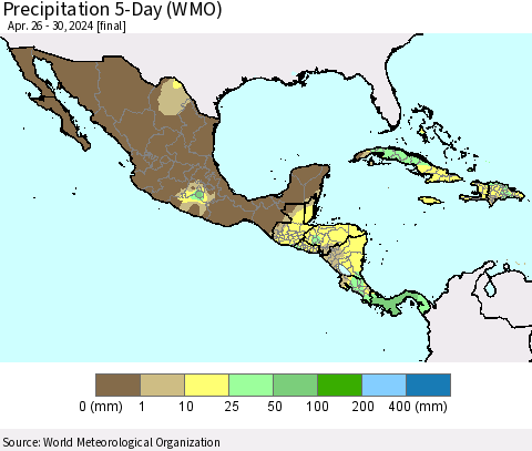 Mexico Central America and the Caribbean Precipitation 5-Day (WMO) Thematic Map For 4/26/2024 - 4/30/2024