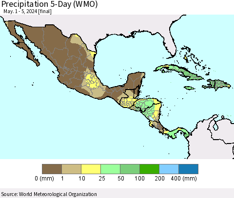 Mexico Central America and the Caribbean Precipitation 5-Day (WMO) Thematic Map For 5/1/2024 - 5/5/2024
