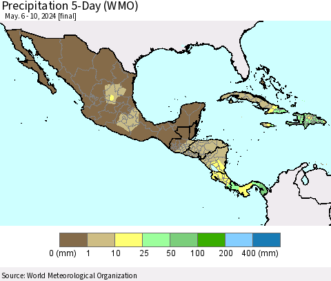 Mexico Central America and the Caribbean Precipitation 5-Day (WMO) Thematic Map For 5/6/2024 - 5/10/2024