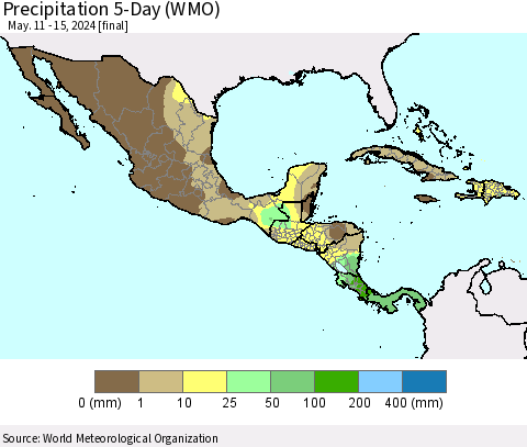 Mexico Central America and the Caribbean Precipitation 5-Day (WMO) Thematic Map For 5/11/2024 - 5/15/2024