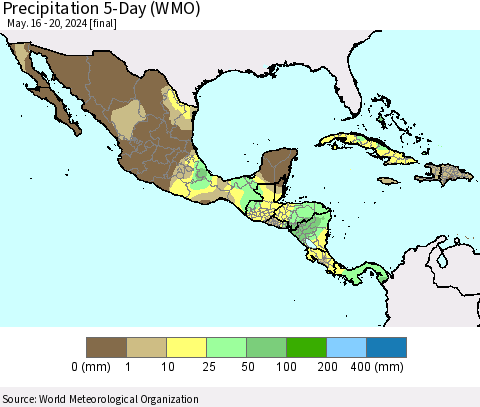 Mexico Central America and the Caribbean Precipitation 5-Day (WMO) Thematic Map For 5/16/2024 - 5/20/2024