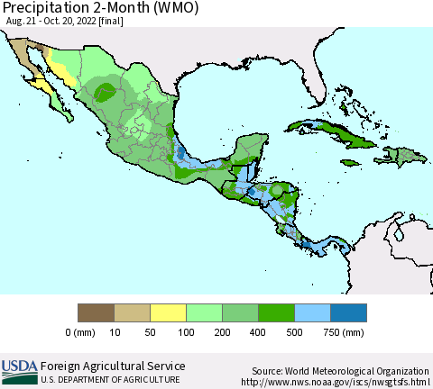 Mexico Central America and the Caribbean Precipitation 2-Month (WMO) Thematic Map For 8/21/2022 - 10/20/2022