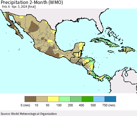Mexico Central America and the Caribbean Precipitation 2-Month (WMO) Thematic Map For 2/6/2024 - 4/5/2024