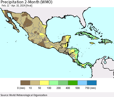 Mexico Central America and the Caribbean Precipitation 2-Month (WMO) Thematic Map For 2/11/2024 - 4/10/2024