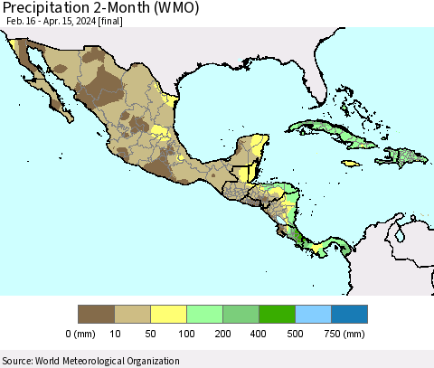 Mexico Central America and the Caribbean Precipitation 2-Month (WMO) Thematic Map For 2/16/2024 - 4/15/2024