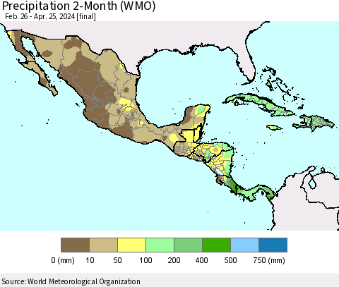 Mexico Central America and the Caribbean Precipitation 2-Month (WMO) Thematic Map For 2/26/2024 - 4/25/2024