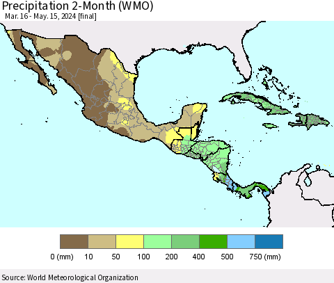 Mexico Central America and the Caribbean Precipitation 2-Month (WMO) Thematic Map For 3/16/2024 - 5/15/2024