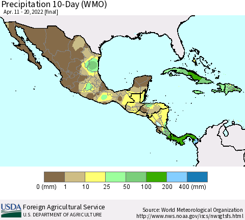 Mexico Central America and the Caribbean Precipitation 10-Day (WMO) Thematic Map For 4/11/2022 - 4/20/2022