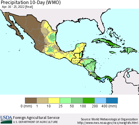 Mexico Central America and the Caribbean Precipitation 10-Day (WMO) Thematic Map For 4/16/2022 - 4/25/2022