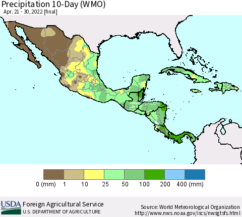 Mexico Central America and the Caribbean Precipitation 10-Day (WMO) Thematic Map For 4/21/2022 - 4/30/2022