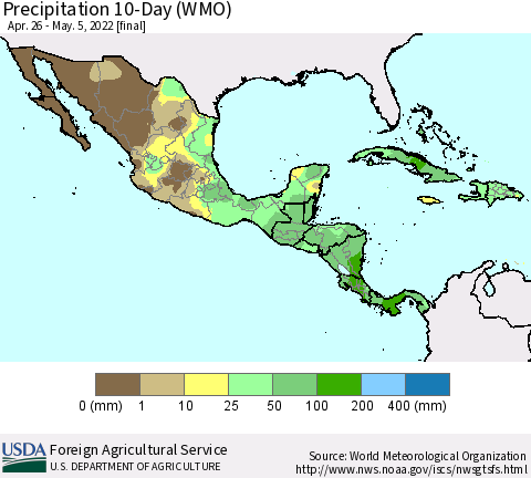 Mexico Central America and the Caribbean Precipitation 10-Day (WMO) Thematic Map For 4/26/2022 - 5/5/2022