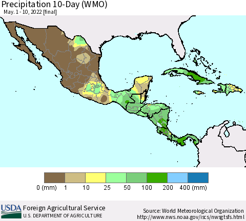 Mexico Central America and the Caribbean Precipitation 10-Day (WMO) Thematic Map For 5/1/2022 - 5/10/2022