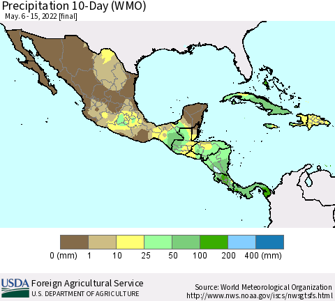Mexico Central America and the Caribbean Precipitation 10-Day (WMO) Thematic Map For 5/6/2022 - 5/15/2022