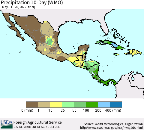 Mexico Central America and the Caribbean Precipitation 10-Day (WMO) Thematic Map For 5/11/2022 - 5/20/2022