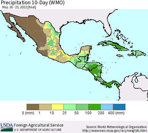 Mexico Central America and the Caribbean Precipitation 10-Day (WMO) Thematic Map For 5/16/2022 - 5/25/2022