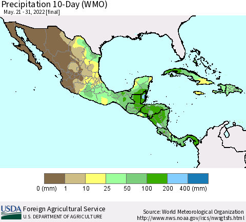 Mexico Central America and the Caribbean Precipitation 10-Day (WMO) Thematic Map For 5/21/2022 - 5/31/2022