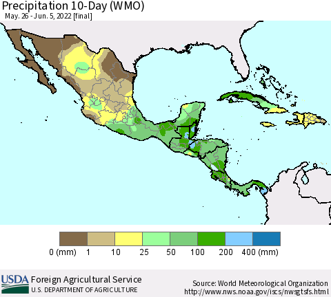 Mexico Central America and the Caribbean Precipitation 10-Day (WMO) Thematic Map For 5/26/2022 - 6/5/2022