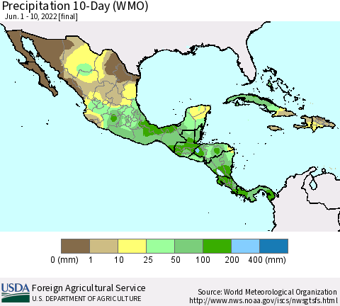 Mexico Central America and the Caribbean Precipitation 10-Day (WMO) Thematic Map For 6/1/2022 - 6/10/2022