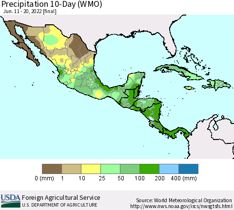 Mexico Central America and the Caribbean Precipitation 10-Day (WMO) Thematic Map For 6/11/2022 - 6/20/2022