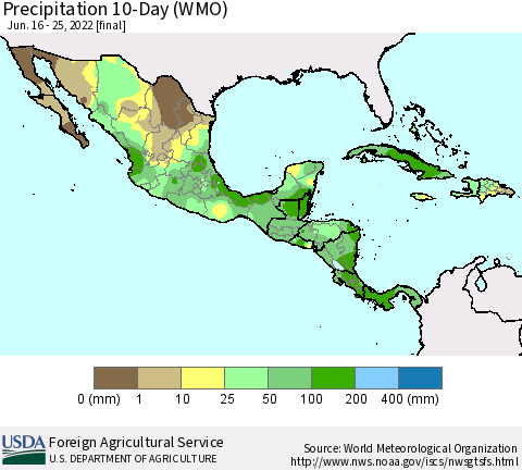 Mexico Central America and the Caribbean Precipitation 10-Day (WMO) Thematic Map For 6/16/2022 - 6/25/2022